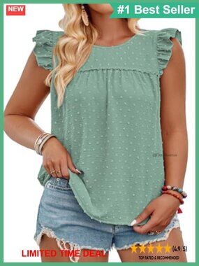 Plus Size Ruffle Cap Sleeve Swiss Dot Tank Top Pleated Casual Summer Blouse